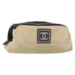 CHANEL Sports Clutch Bag Nylon Beige Black CC Auth BA8257